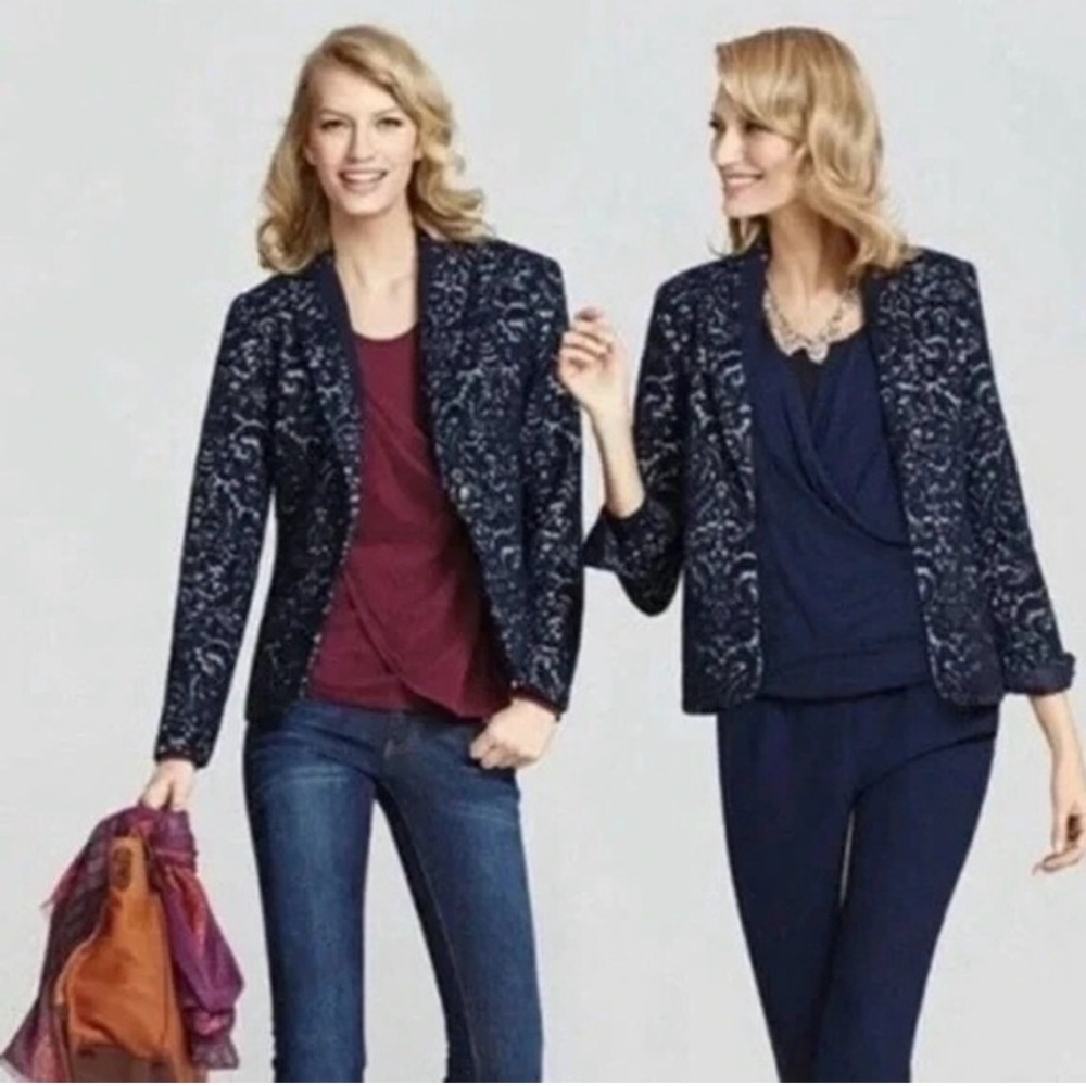 CAbi Blazer Jacket 6 Jacquard Textured Navy Blue Wool Blend Flocked - Picture 10 of 11